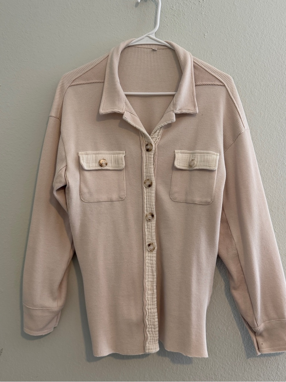 Beige Button-Front Women's Knit Shirt Jacket